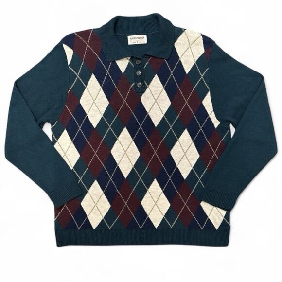 VTG Alfred Dunner Sweater 80s Sz L Diamond Argyle Collared Green Made USA Unisex - Picture 1 of 9